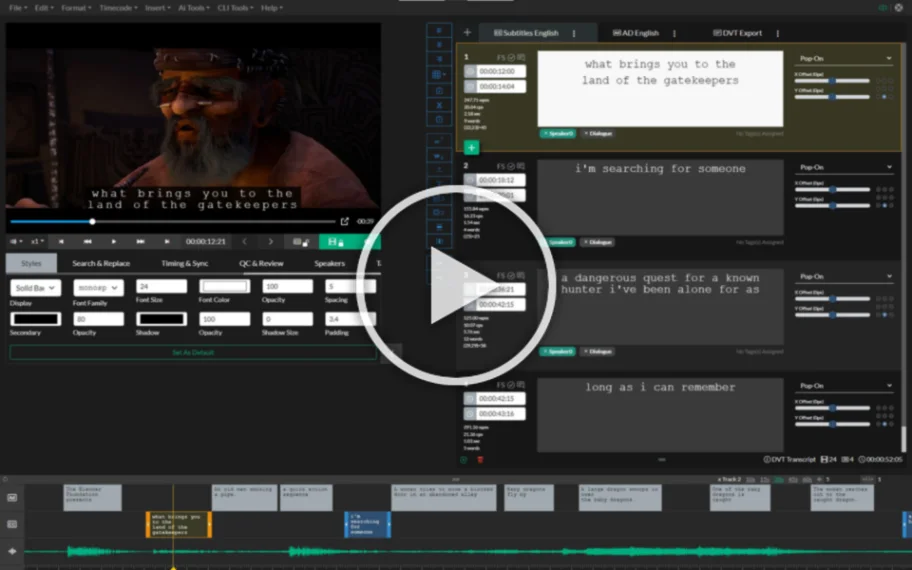 Application screenshot showing an open project in Closed Caption Creator. The video player is shown on the left, and the subtitle editor is located on the right. There is a timeline component located at the bottom of the screenshot.