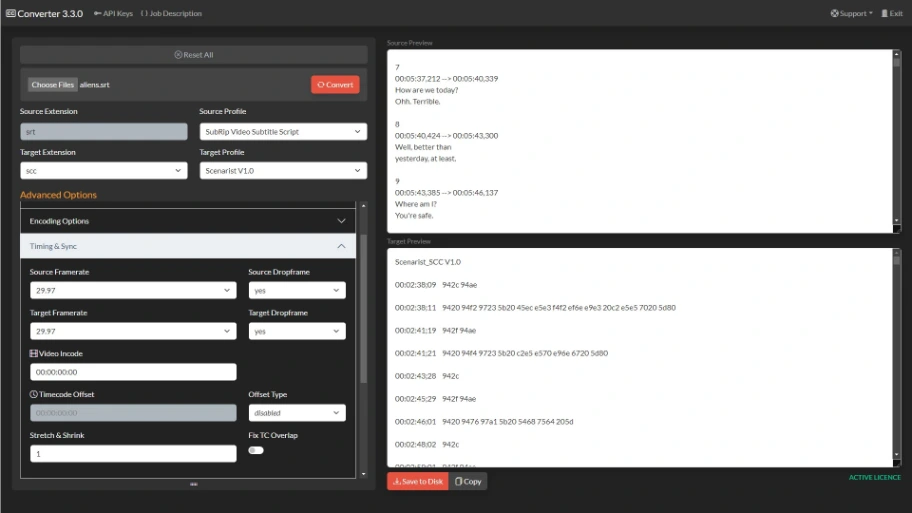 Screenshot of closed caption converter showing the job input form on the left and the results display on the right.