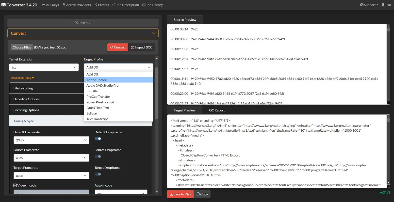 Screenshot of Closed Caption Converter showing caption file validation