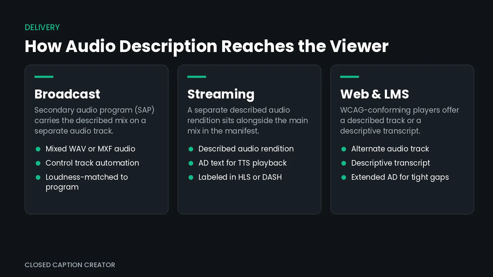 Three-column diagram of audio description delivery paths: broadcast secondary audio program, streaming described audio rendition, and web player alternate track or descriptive transcript.