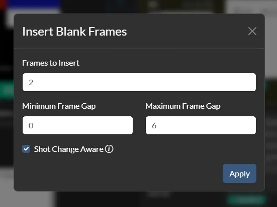 Screenshot of the Blank Frames Insert panel from Closed Caption Creator.