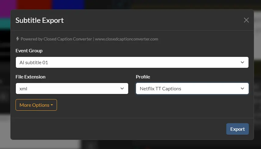 Screenshot of the subtitle export panel in closed caption creator. The Netflix TT Captions profile is selected.