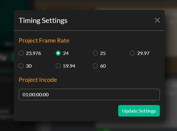 The Timing Settings dialog in Closed Caption Creator with project frame rate options and a project incode of 01:00:00:00
