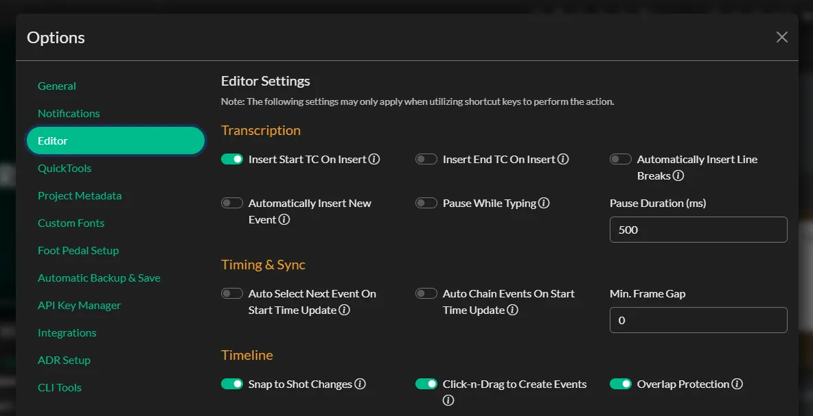 Editor options in Closed Caption Creator covering transcription insert timecodes, timing and sync behaviour, and timeline snapping to shot changes