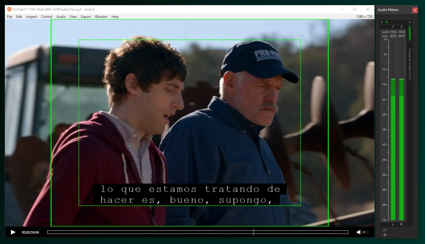 A video export preview in Closed Caption Creator showing title-safe guides, a burned-in Spanish subtitle and audio level meters