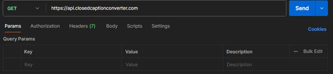 A GET request to the Closed Caption Converter API being configured in an API client, with the query parameters tab open