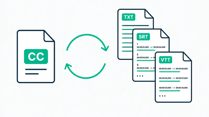 Illustration of a caption file being converted between different formats