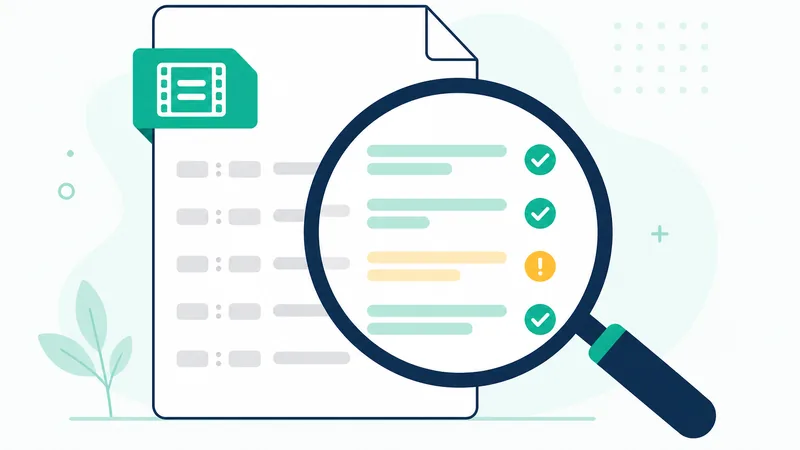 Illustration of a magnifying glass inspecting caption lines with quality checkmarks