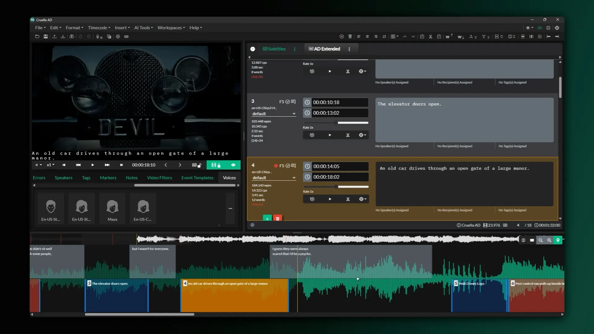 Screenshot showing the extended AD Workspace in Closed Caption Creator.