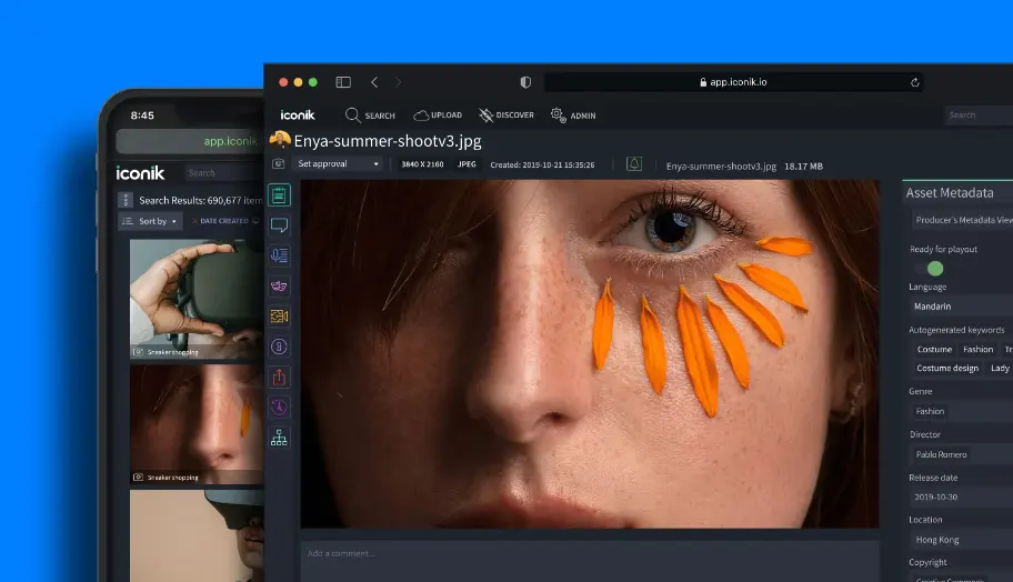 Iconik screenshot showing a waman with pedals around her eyes.