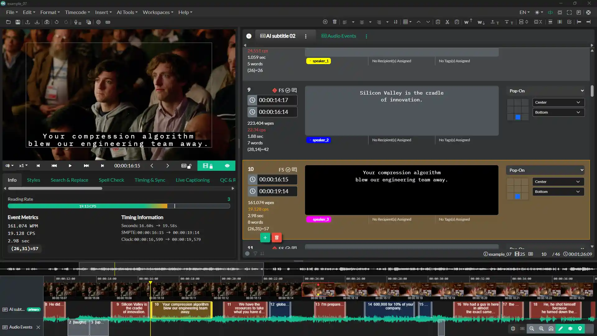 The Closed Caption Creator editing workspace showing the video preview with captions, event list with timecodes and reading-rate metrics, positioning controls, and an audio waveform timeline