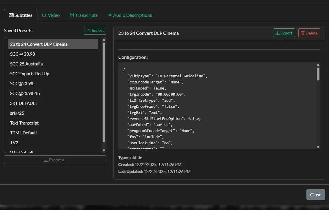 The Export Presets and batch export screen in Closed Caption Creator showing saved delivery presets applied across multiple files at once