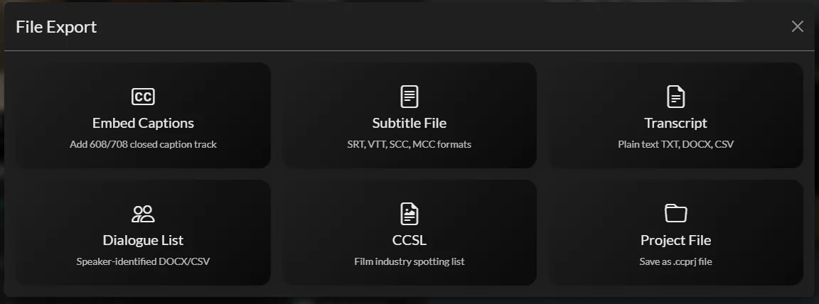 The File Export screen in Closed Caption Creator with options for Embed Captions, Subtitle File in SRT, VTT, SCC and MCC formats, Transcript, Dialogue List, CCSL, and Project File