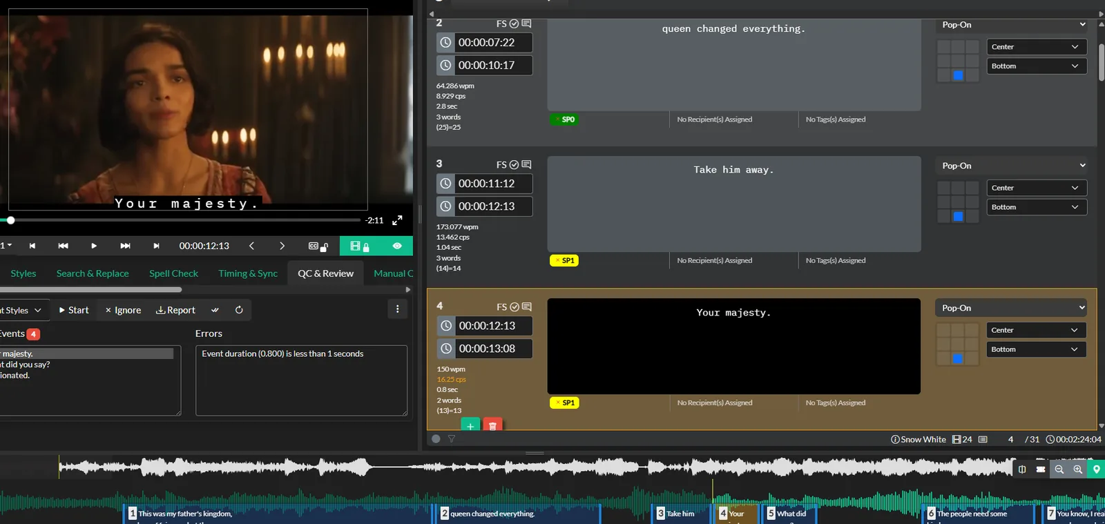 The QC and Review panel in Closed Caption Creator showing automated checks, error flags and reviewer approval controls for a caption project