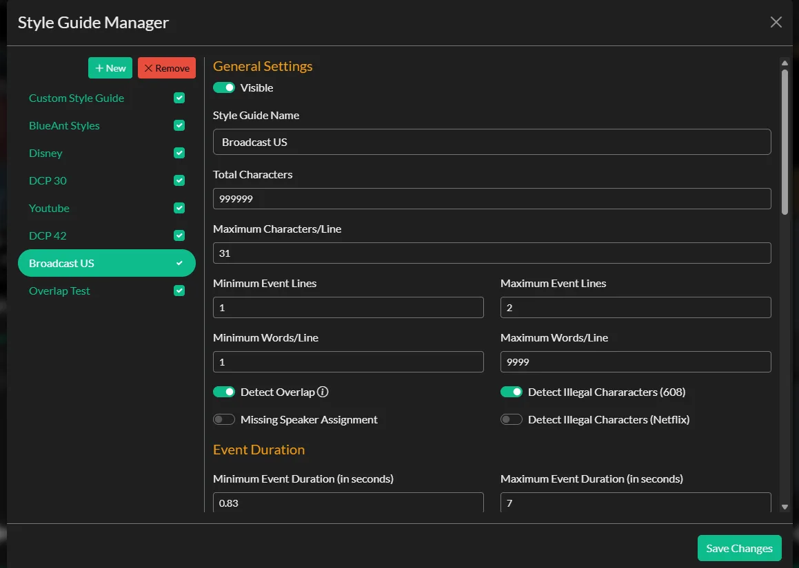 The Style Guide Manager in Closed Caption Creator showing named profiles for Netflix, Disney, DCP 30, DCP 42, Broadcast US and YouTube alongside rules for characters per line, event duration, overlap detection and illegal character sets