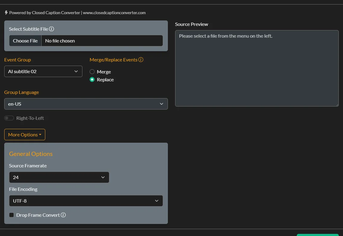The Subtitle Import dialog in Closed Caption Creator, showing source frame rate, file encoding, and drop-frame conversion options for importing legacy caption files