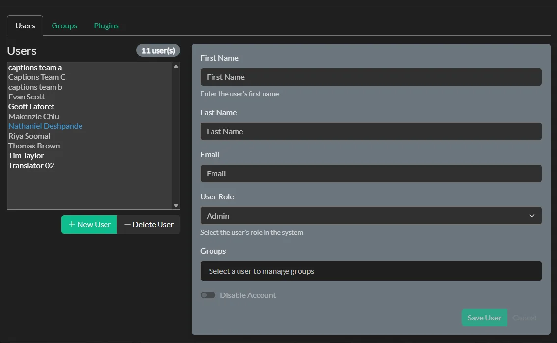 The Team Management screen in Closed Caption Creator showing team member roles and project sharing controls