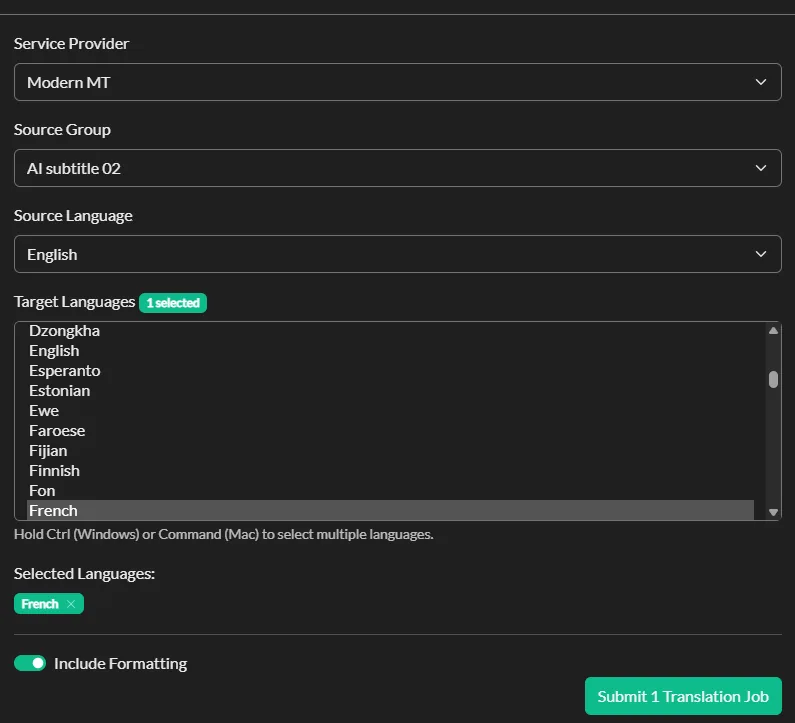 The Automatic Translation dialog in Closed Caption Creator, showing target language selection and translation settings for converting a caption event group into another language