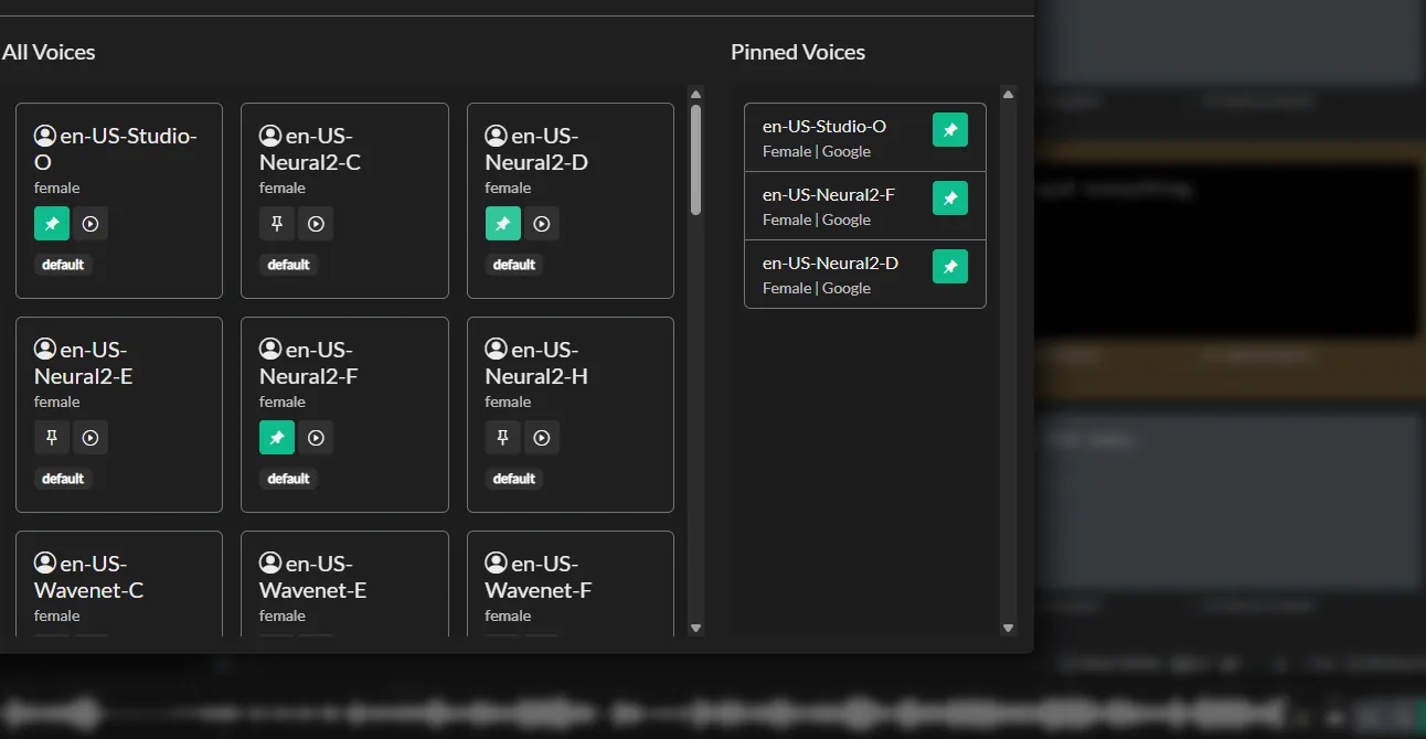 The Voice Manager in Closed Caption Creator showing synthetic voice assignment and voice property controls for audio description events