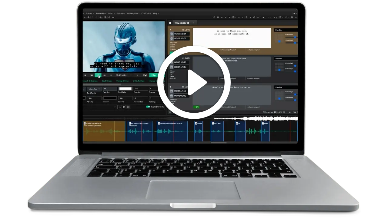 Application screenshot showing an open project in Closed Caption Creator. The video player is shown on the left, and the subtitle editor is located on the right. There is a timeline component located at the bottom of the screenshot.