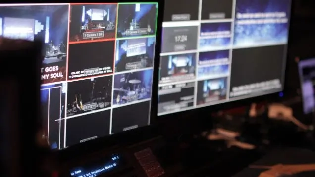Photograph of broadcast multi-viewer showing camera feeds from 6 cameras on each screen.