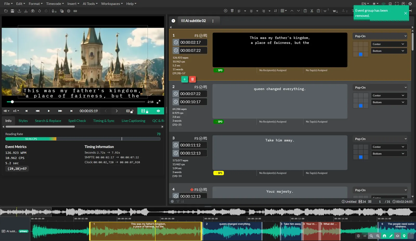 The Closed Caption Creator editing workspace showing the video preview with captions, event list with timecodes, and audio waveform timeline