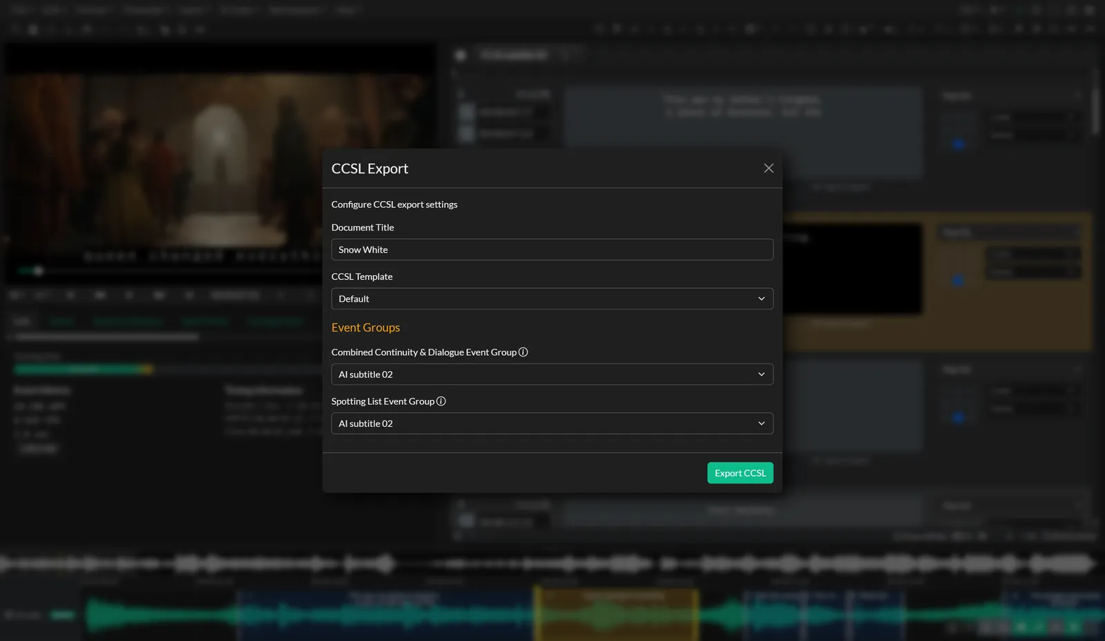 The CCSL export dialog in Closed Caption Creator with event groups mapped to continuity, dialogue and spotting columns