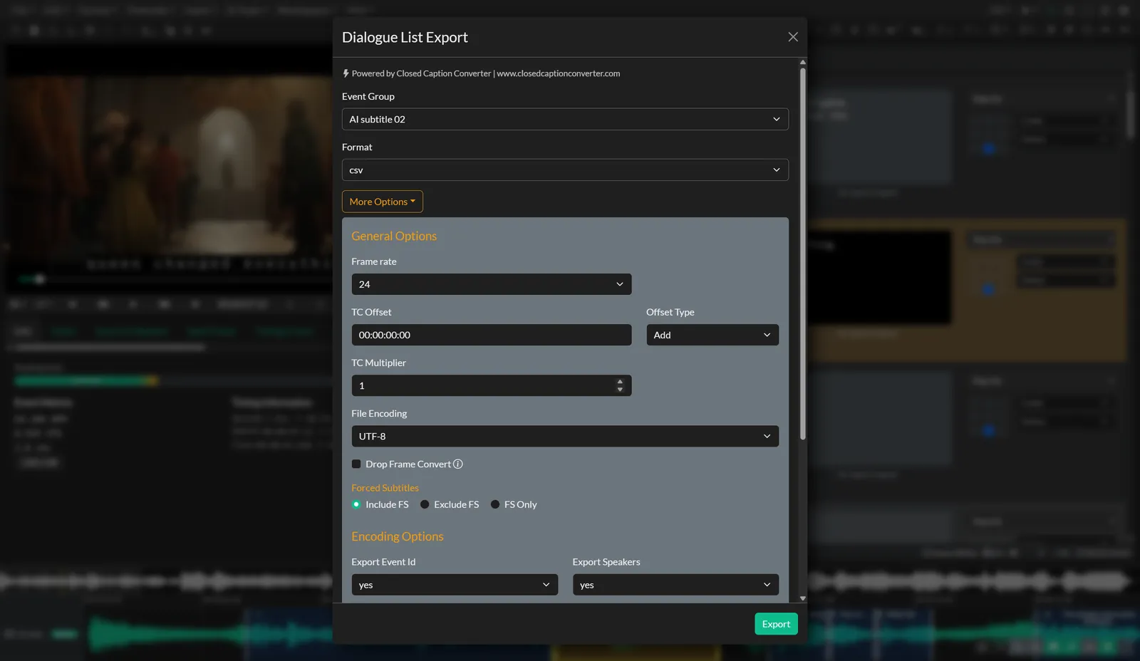 Dialogue list export settings in Closed Caption Creator with column and timecode options