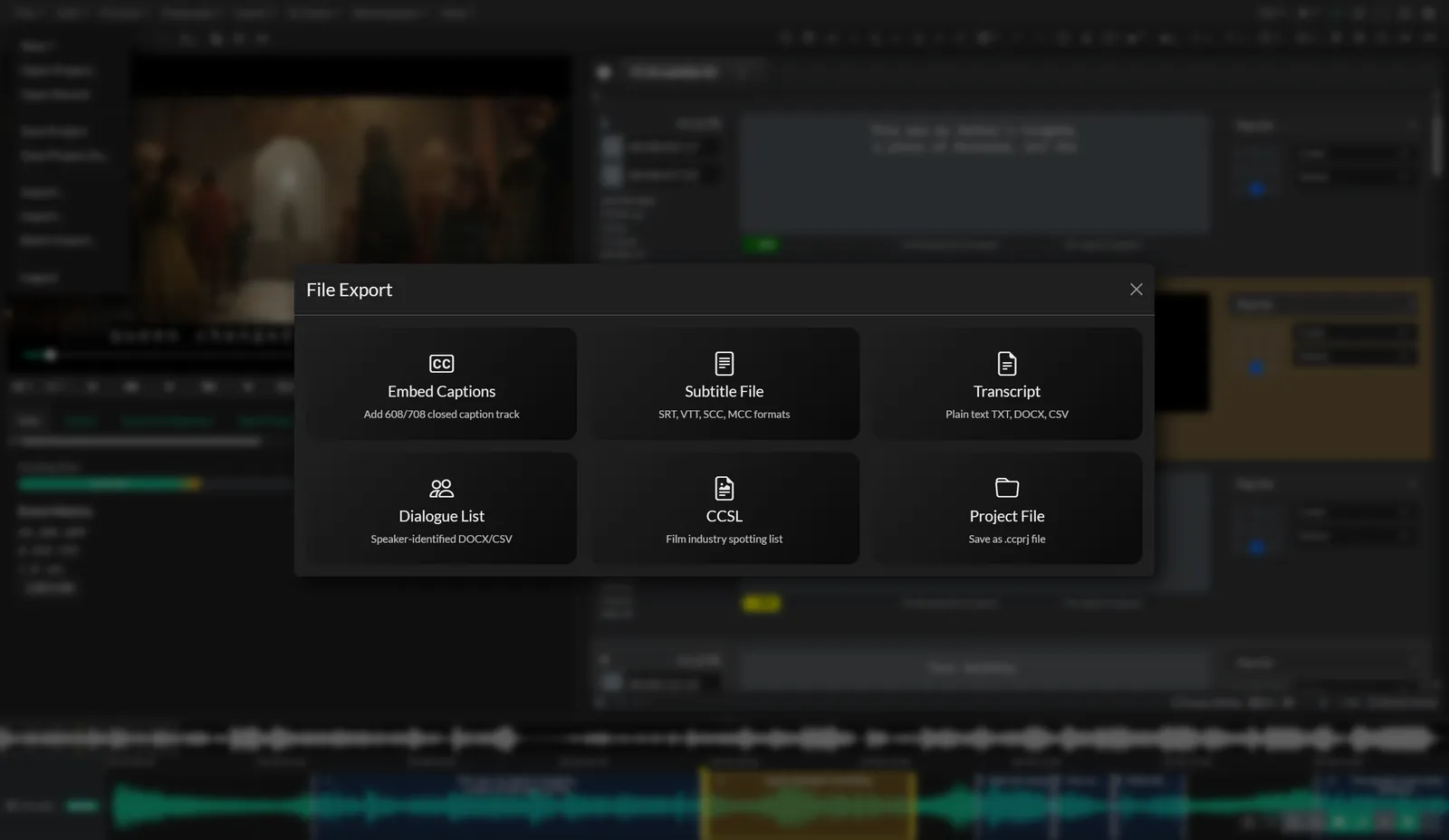 The Export screen in Closed Caption Creator, showing caption file, video, transcript, and embed delivery options