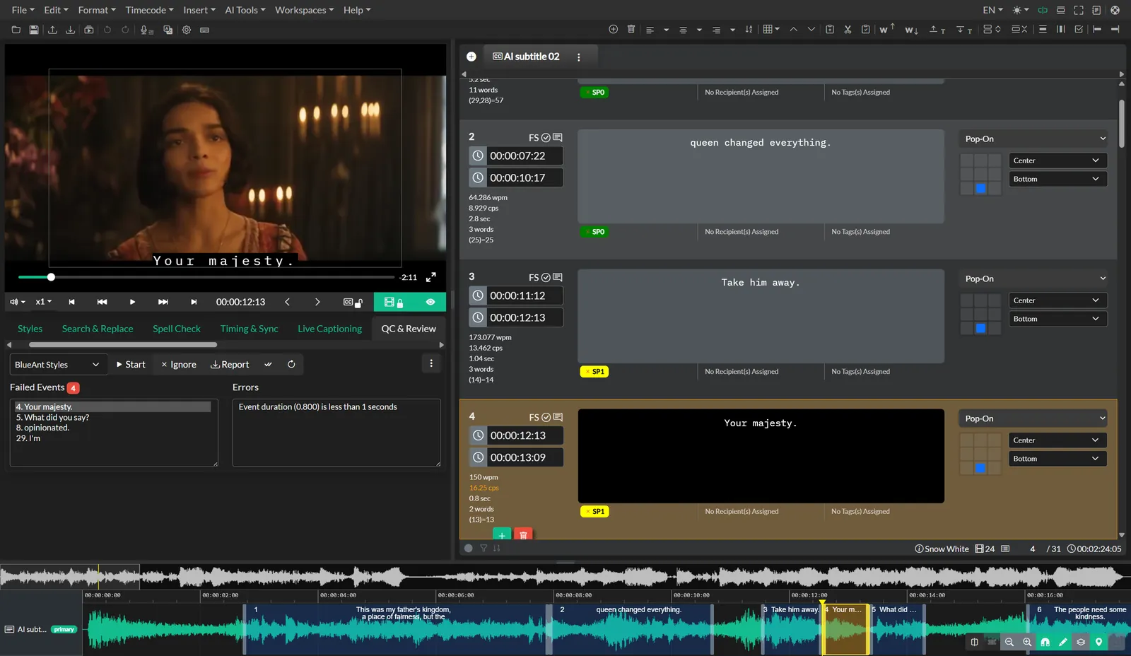 The QC and Review panel in Closed Caption Creator, listing detected caption errors with severity, rule, and event reference