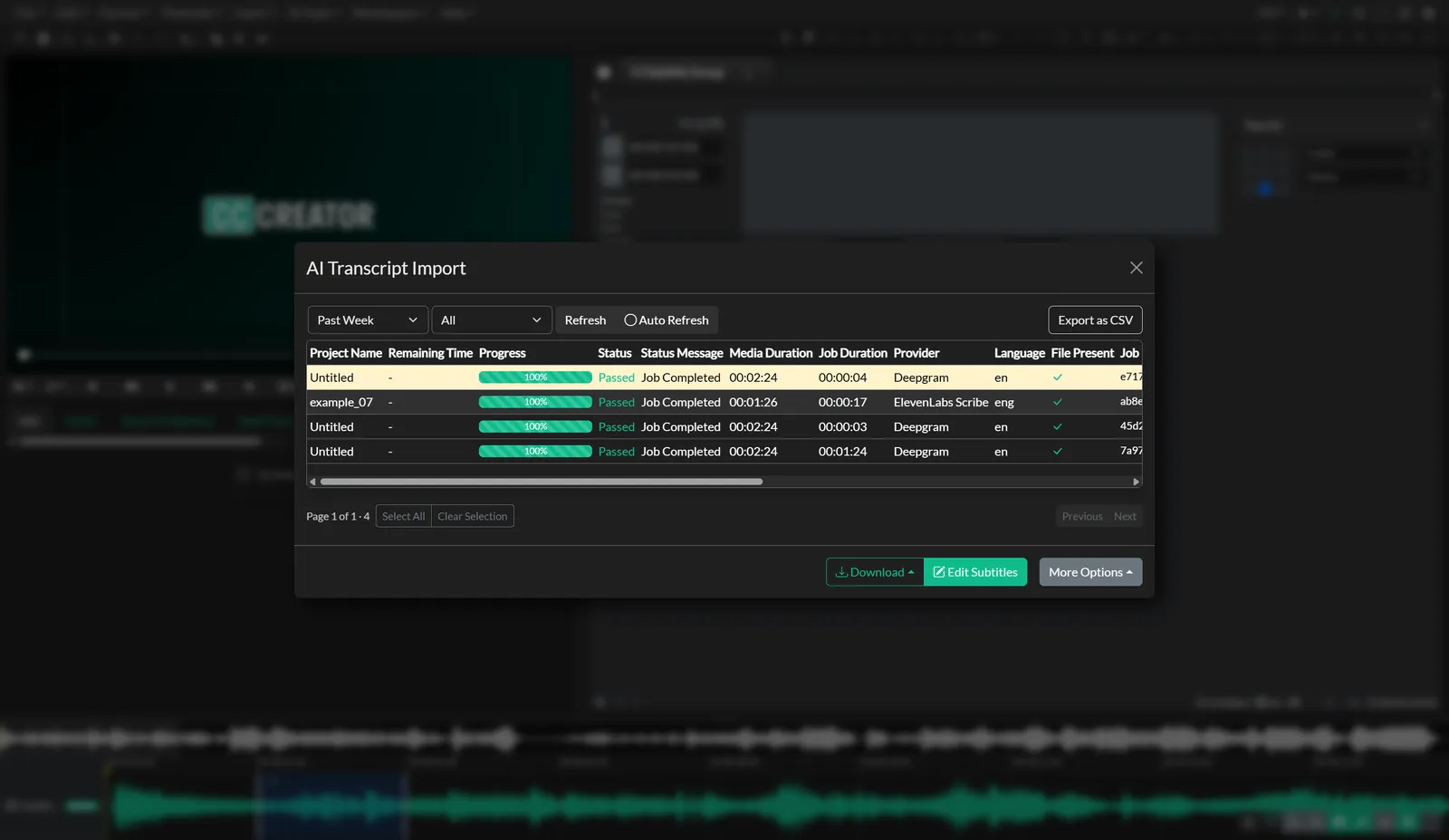 AI transcription import in Closed Caption Creator, with source and target language model options