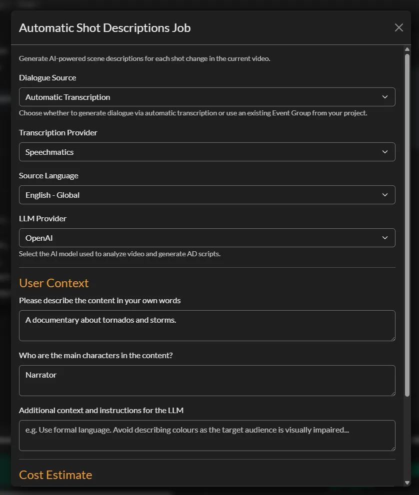 Automatic Shot Descriptions job form in Closed Caption Creator