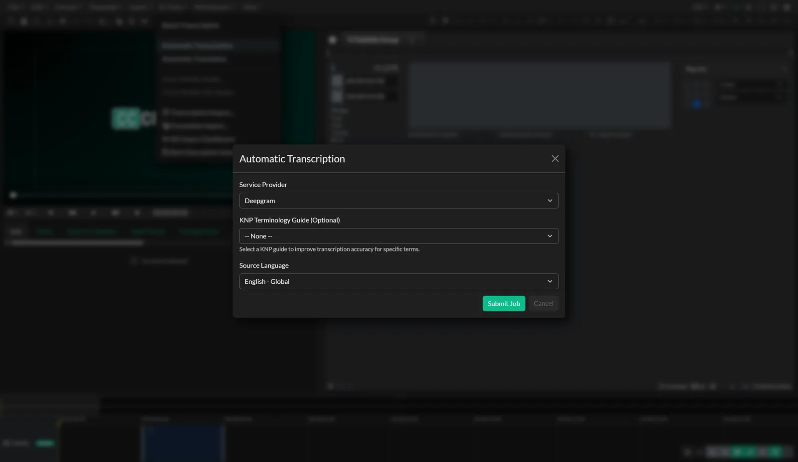 The Automatic Transcription dialog in Closed Caption Creator, with engine selection, language options, and speaker identification settings