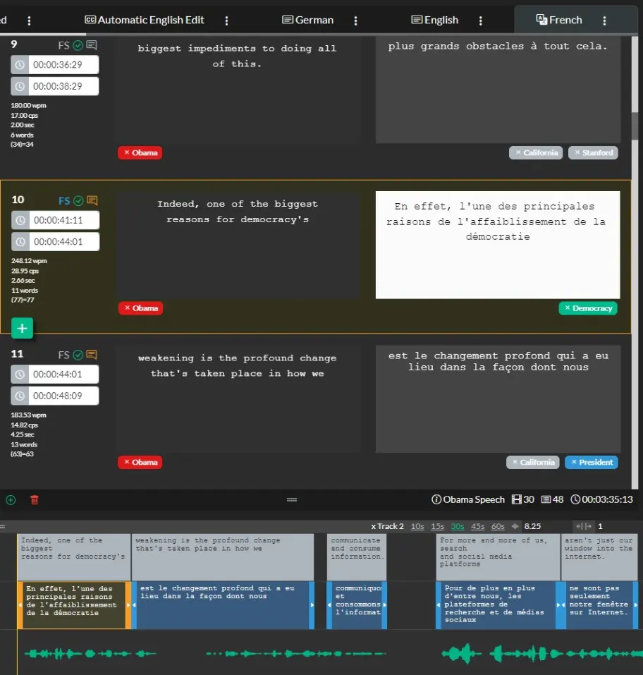 Screenshot of Closed Caption Creator Translation Workspace