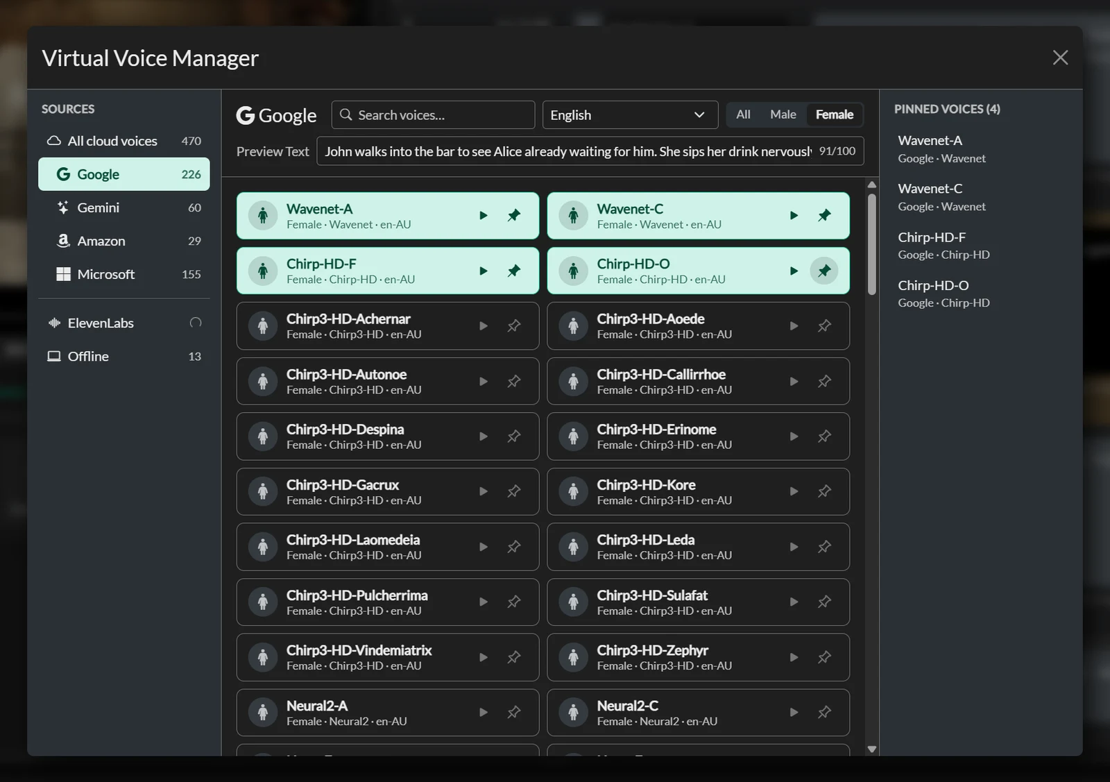 The updated Virtual Voice Manager in Closed Caption Creator listing Google, Gemini, Amazon, Microsoft, ElevenLabs and Offline voice sources, filtered to English female voices, with four pinned voices