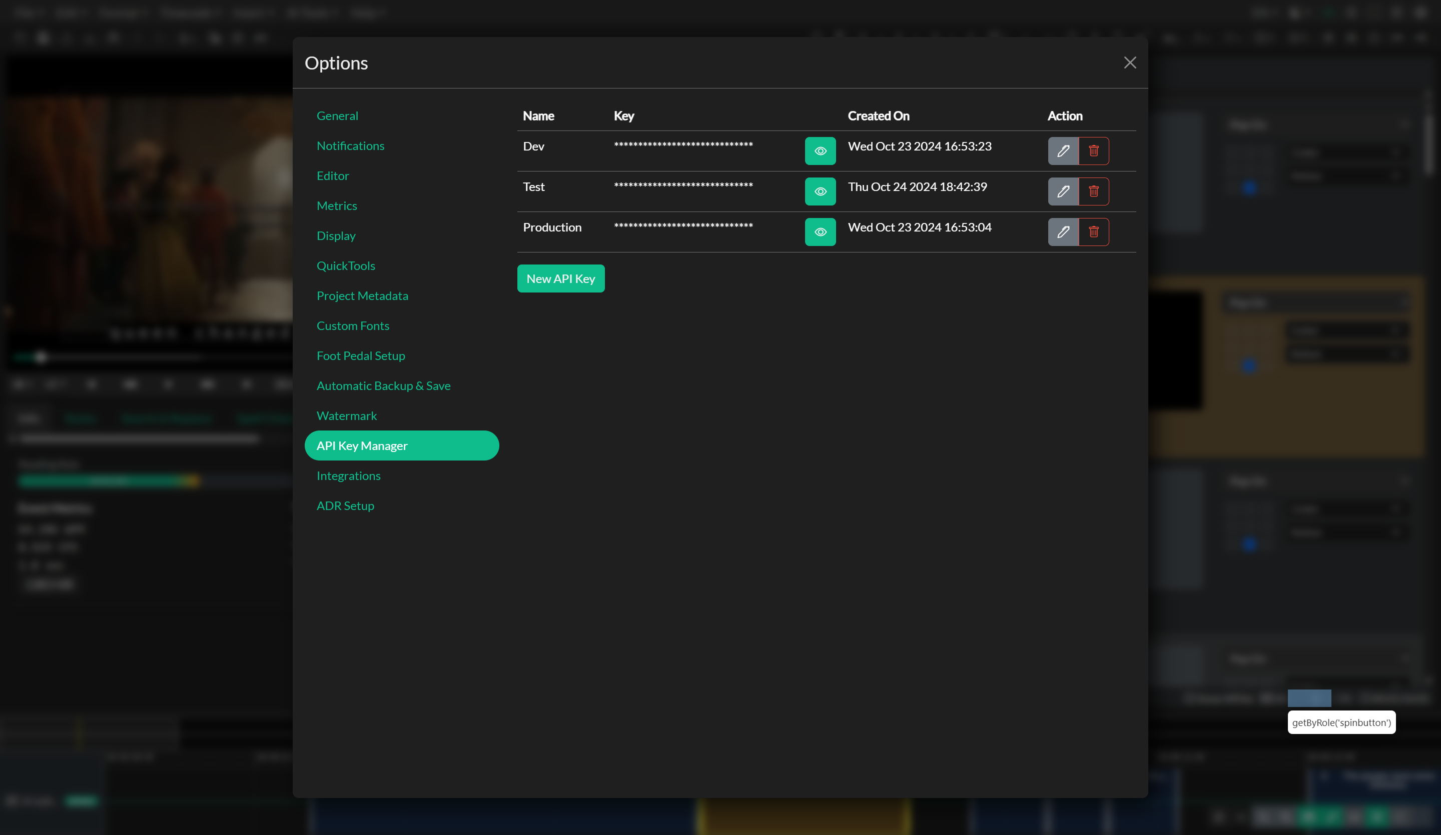 API Key manager and key entry for integrations