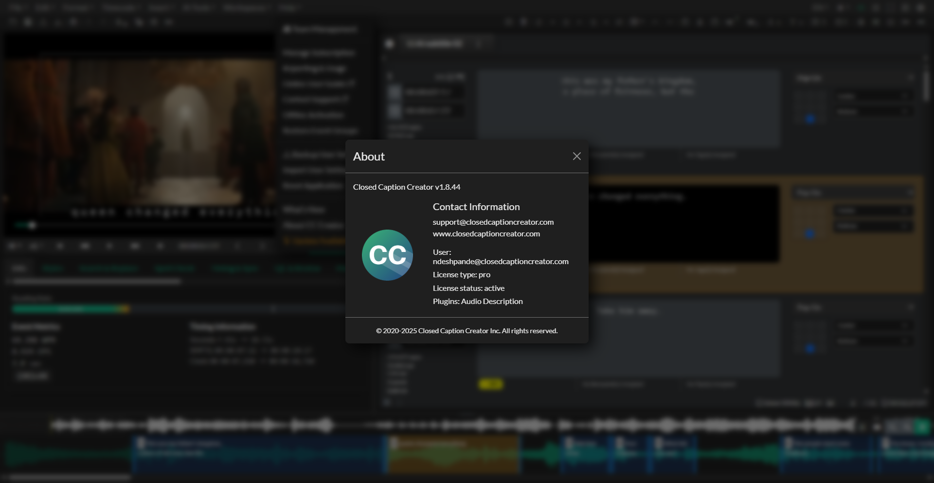 About Closed Caption Creator in the Help menu