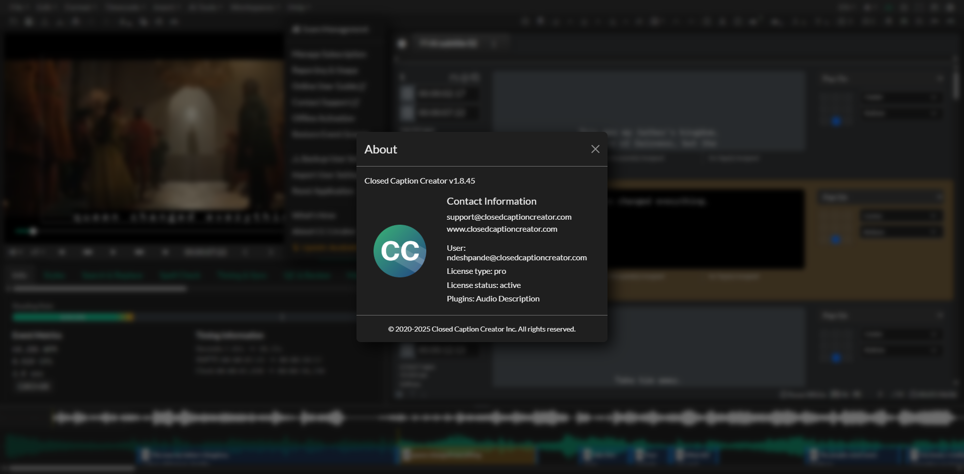 About Closed Caption Creator in the Help menu