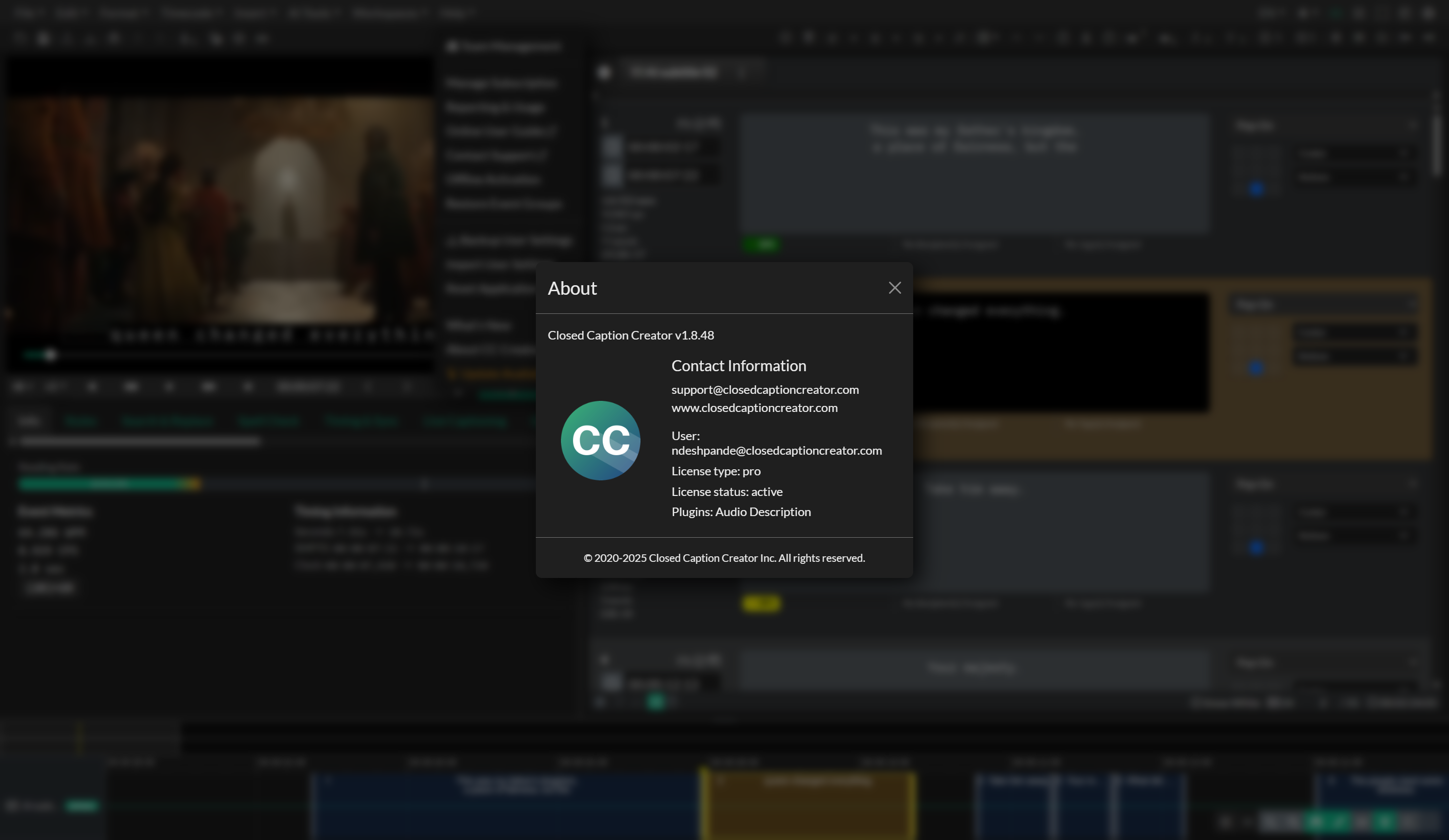 About Closed Caption Creator in the Help menu