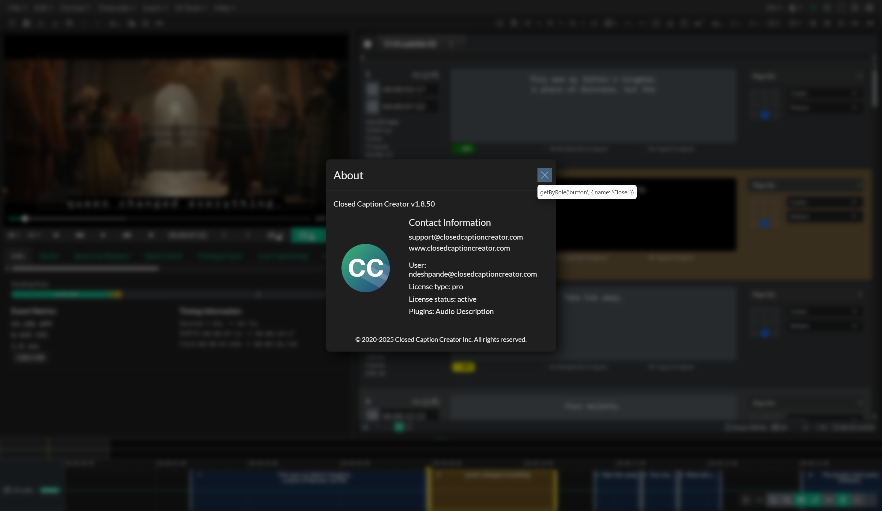About Closed Caption Creator in the Help menu
