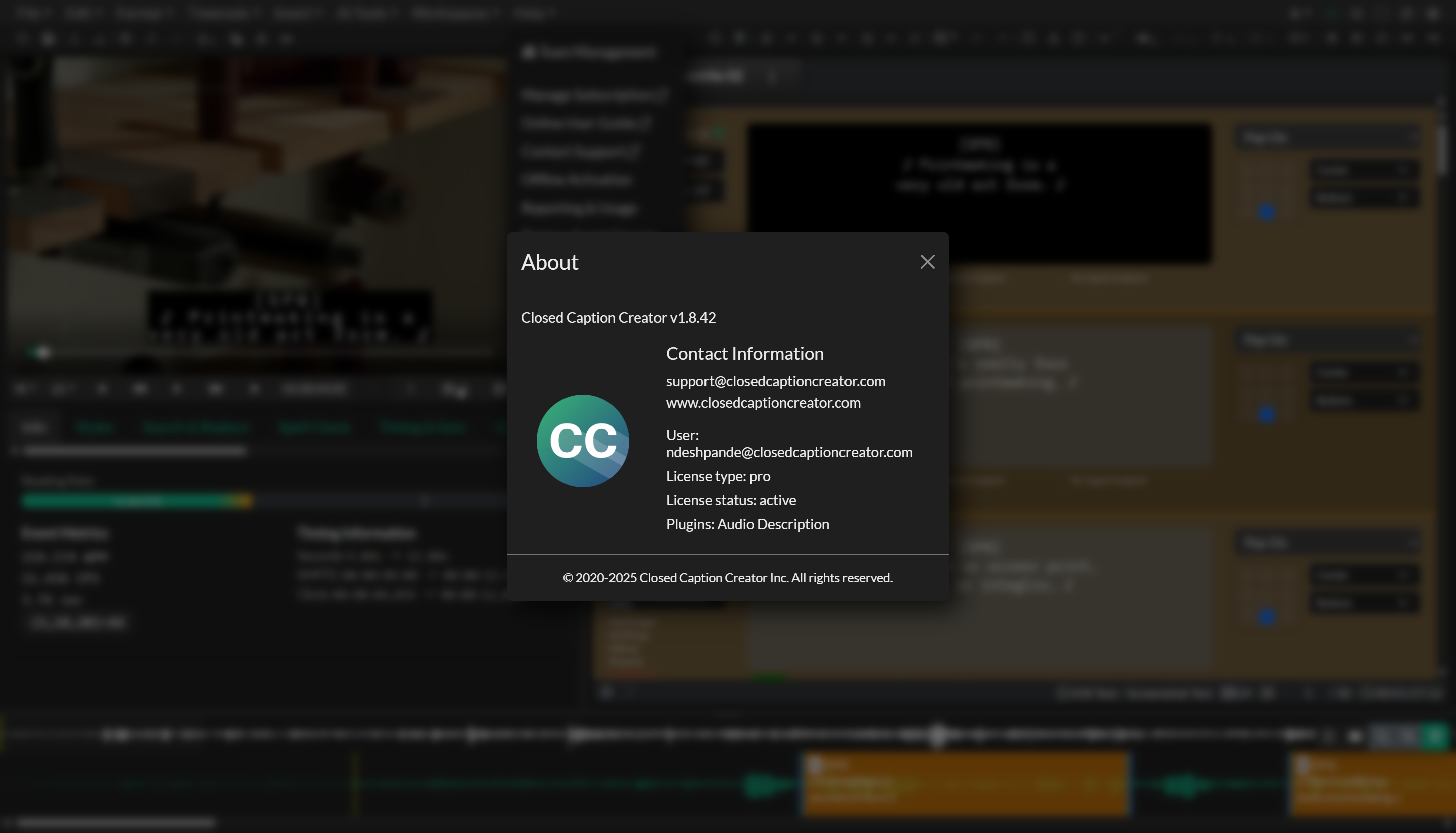About Closed Caption Creator in the Help menu