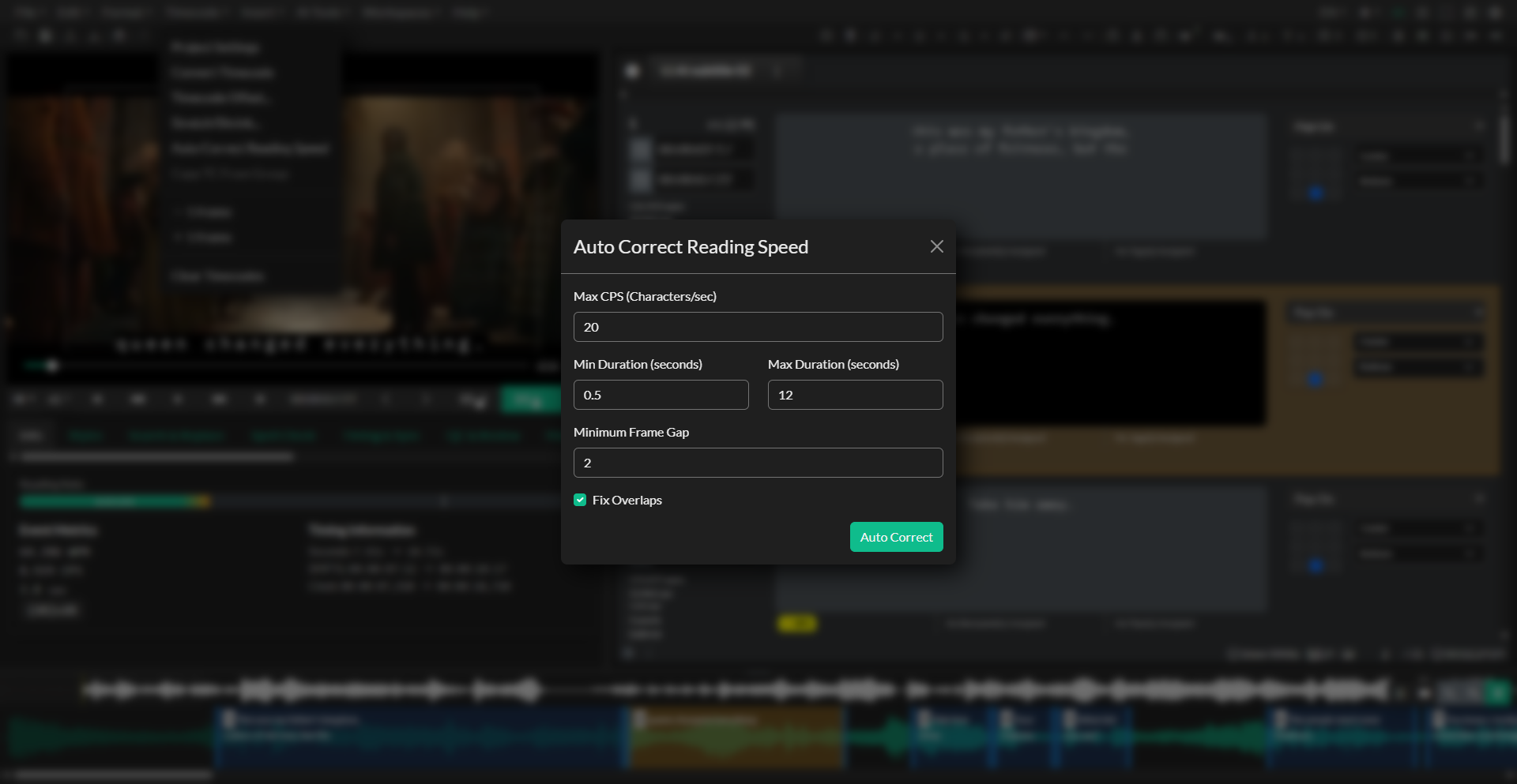 Auto Correct Timing dialog