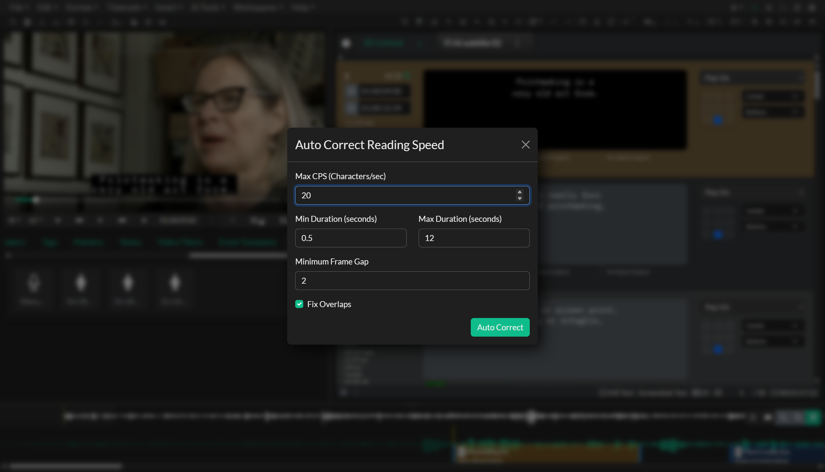 Auto Correct Timing dialog