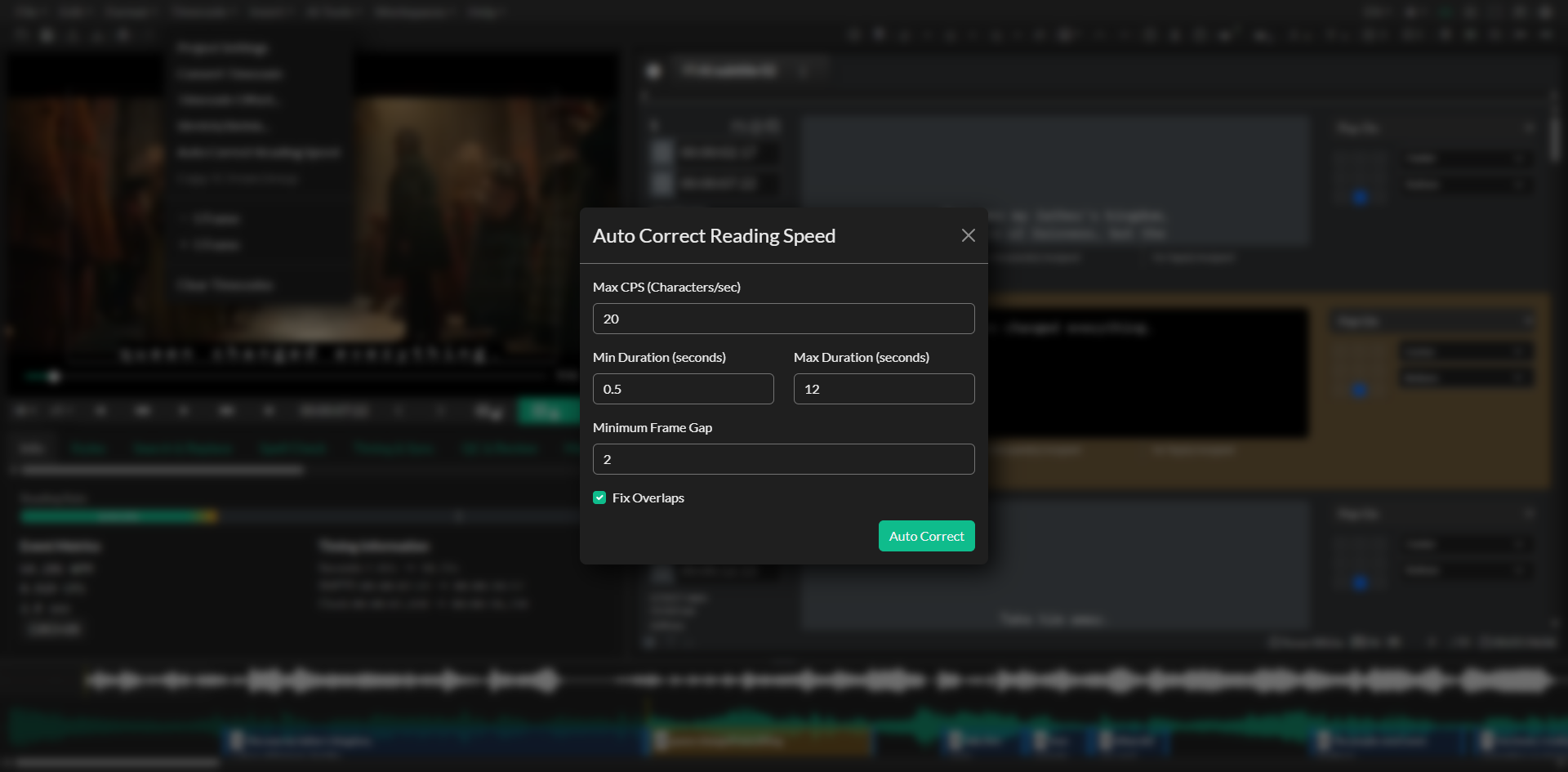 Auto Correct Timing dialog