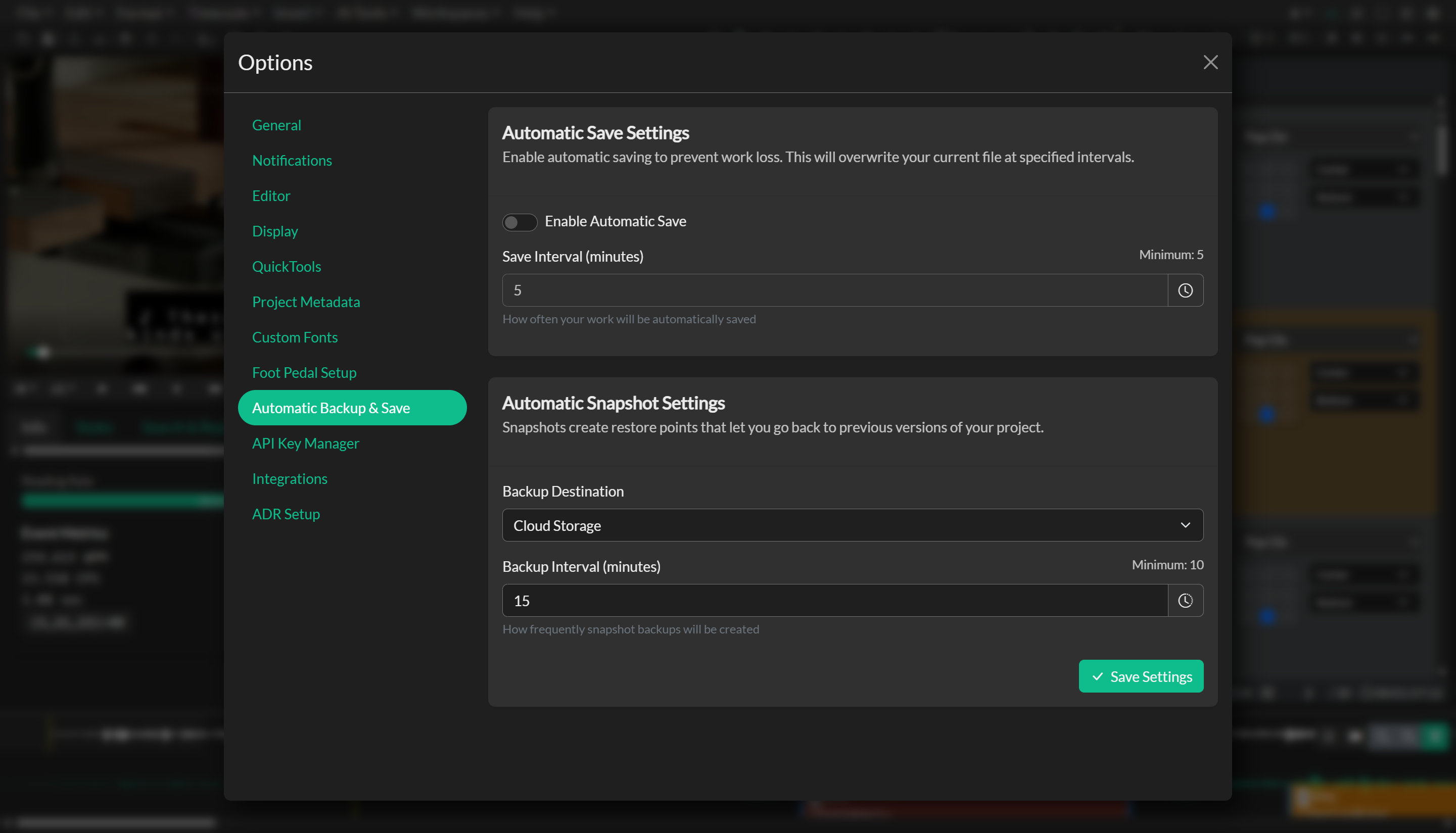 Automatic Backup settings
