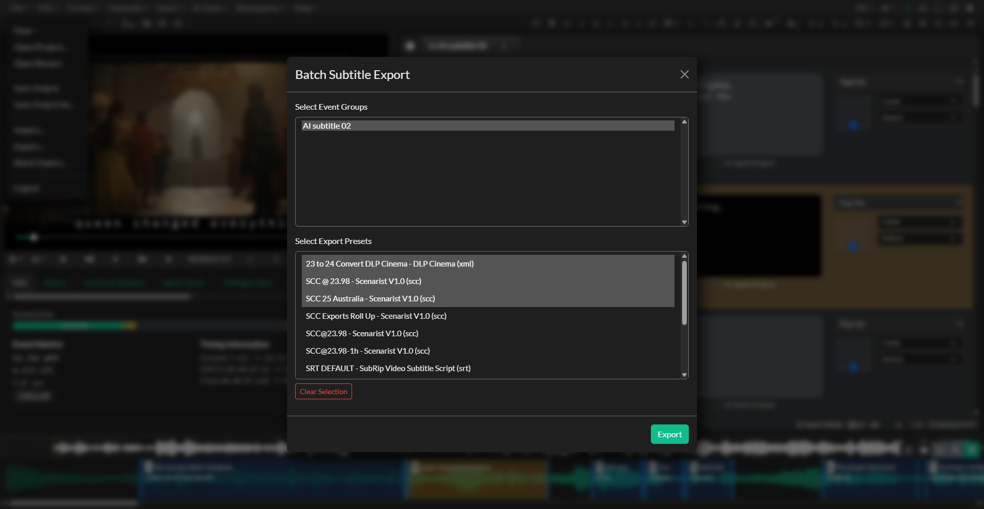 Batch Subtitle Export window