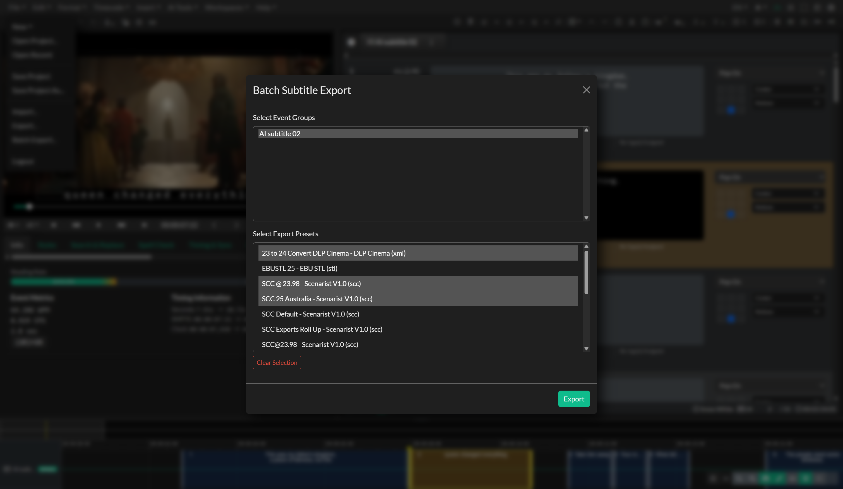 Batch Subtitle Export window