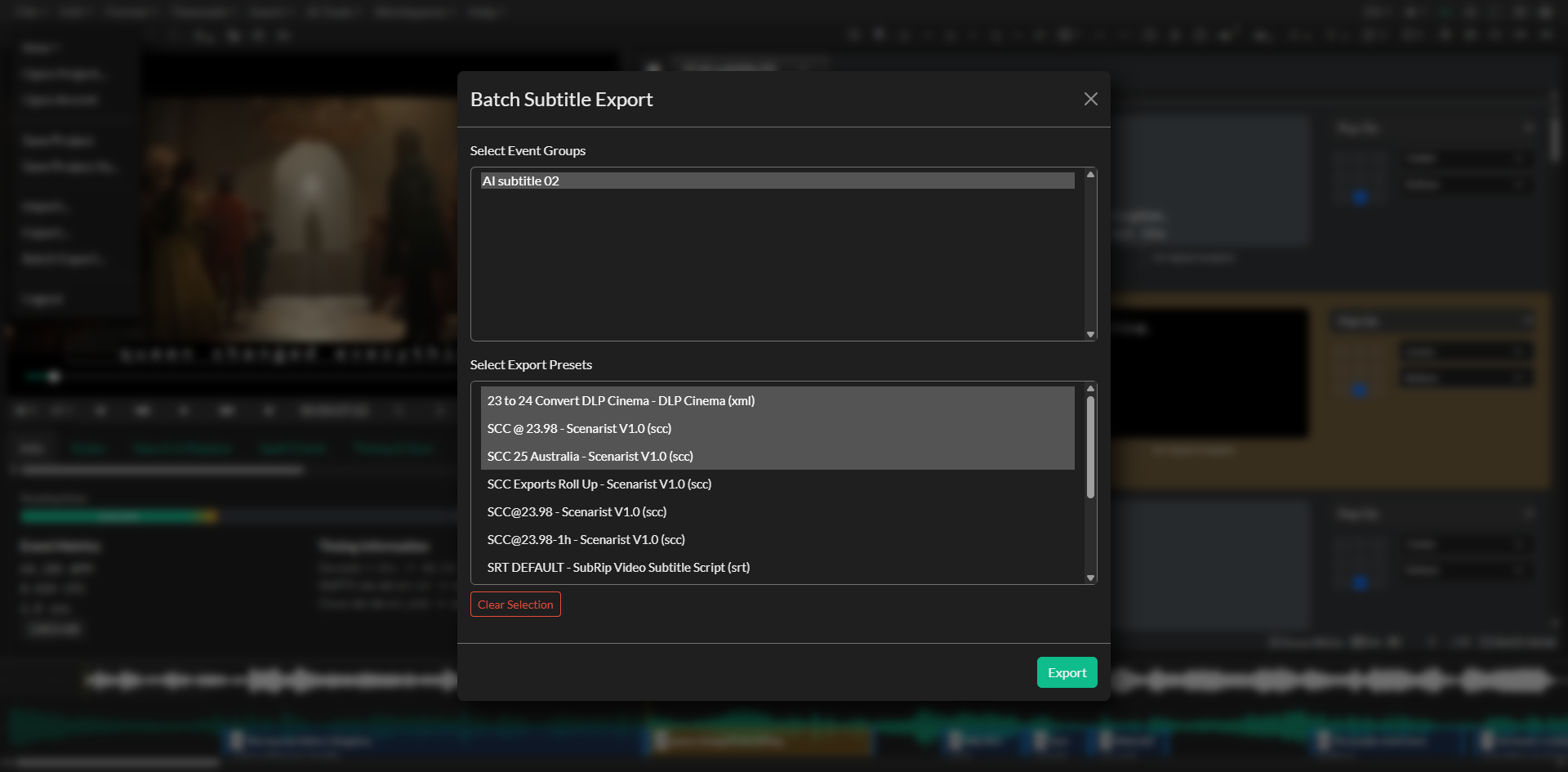 Batch Subtitle Export window
