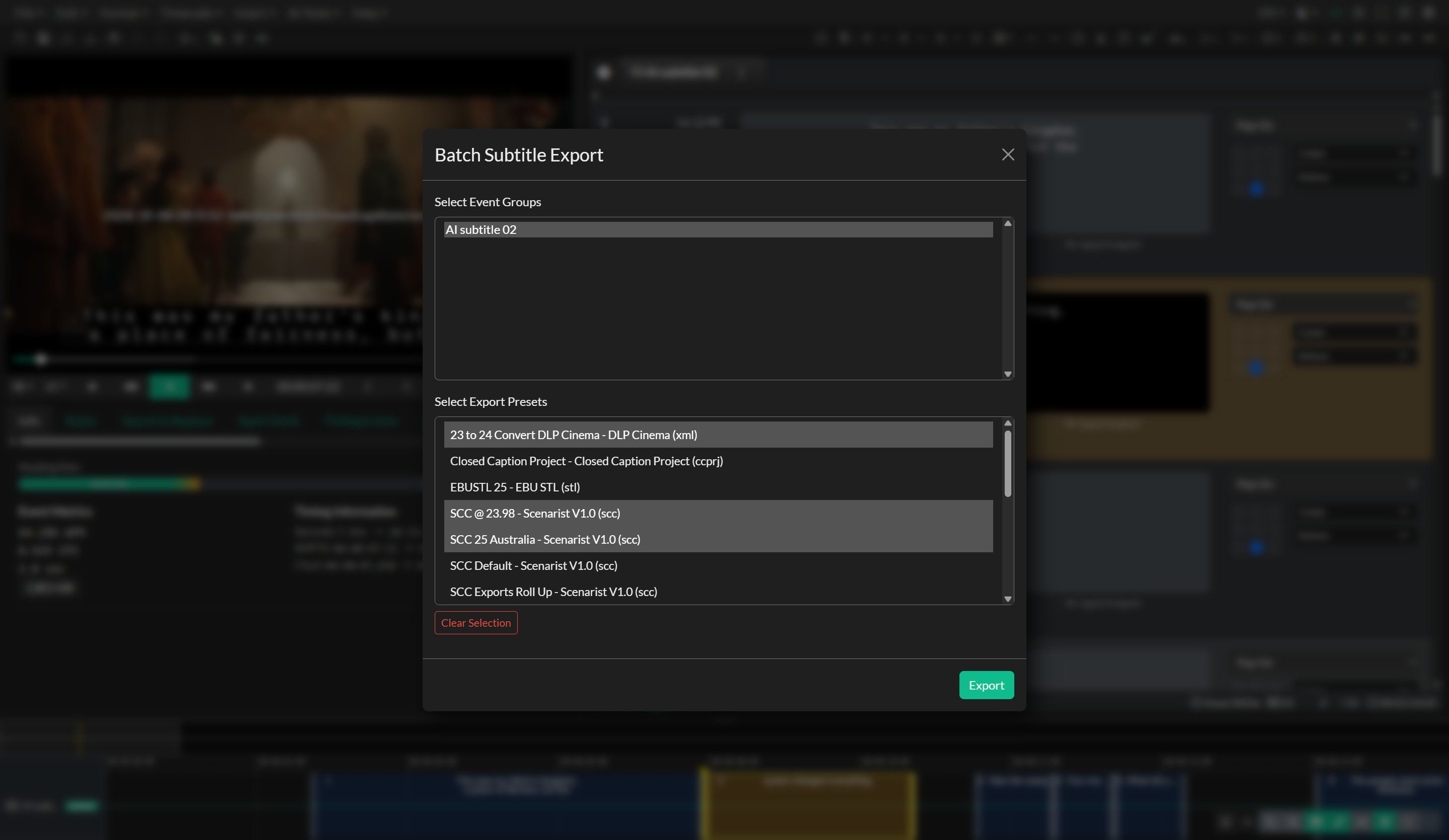 Batch Subtitle Export window