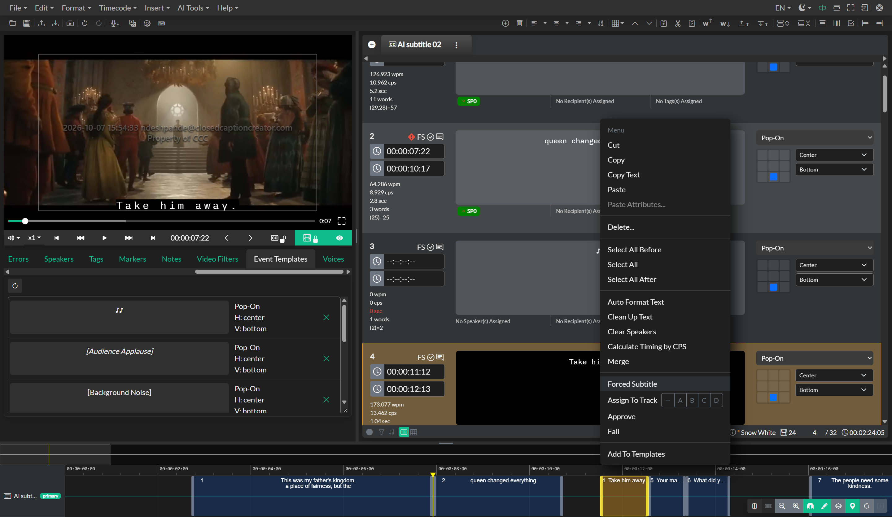 Event context menu showing copy, cut, and paste options
